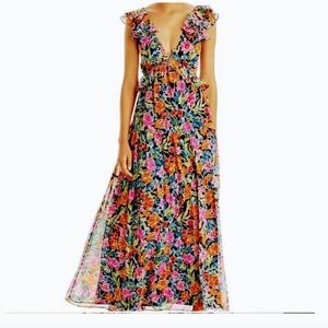 💥SALE💥New Aqua Bloomingdales Floral Chiffon Tiered Maxi Dress V Neck Ruffles M